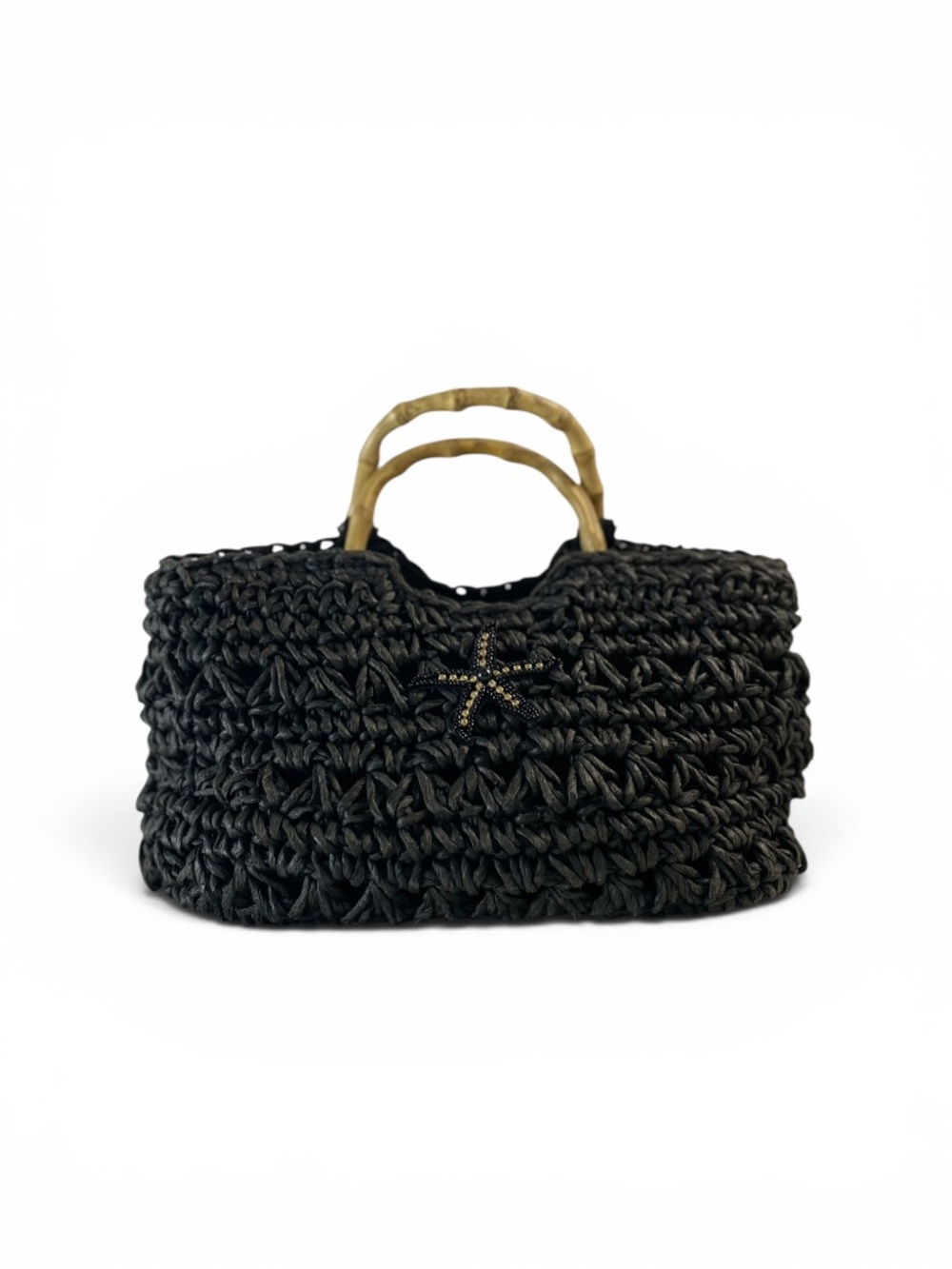 Capelli Straworld Black Toyo Straw Tote Bamboo Handle Starfish Bag